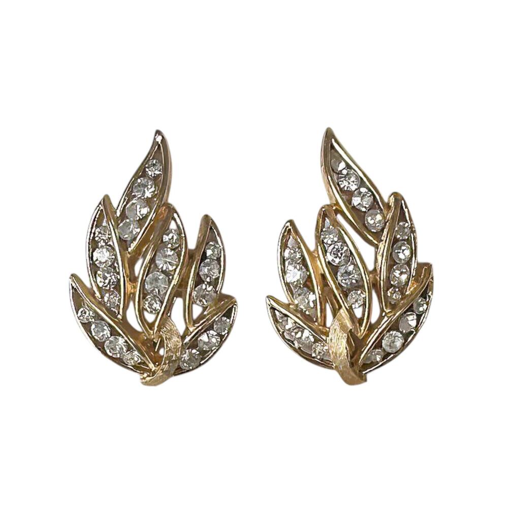 1960s Crown Trifari Gold Plate White Rhinestones Curved Leaf Clip On Earrings